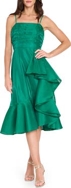 Tahari ASL Pleated Ruffle Satin Cocktail Dress