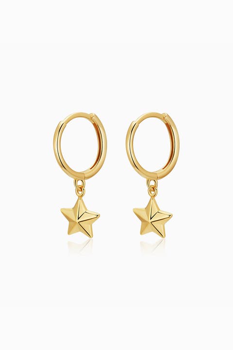 14K Gold Street Star Charm Hoops