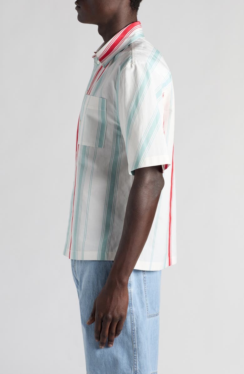 Bottega Veneta Multicolor Variegated Stripe Cotton & Linen Short Sleeve Button-Up Shirt, Alternate, color, 1979 Mint/ Red
