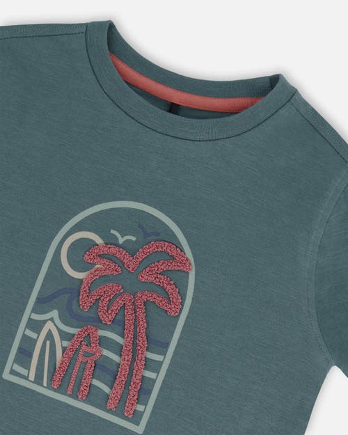 Deux Par Deux Little Boy's Short Sleeve Organic Cotton Graphic Tee Teal And Dark Old Rose In Teal And Dark Old Rose
