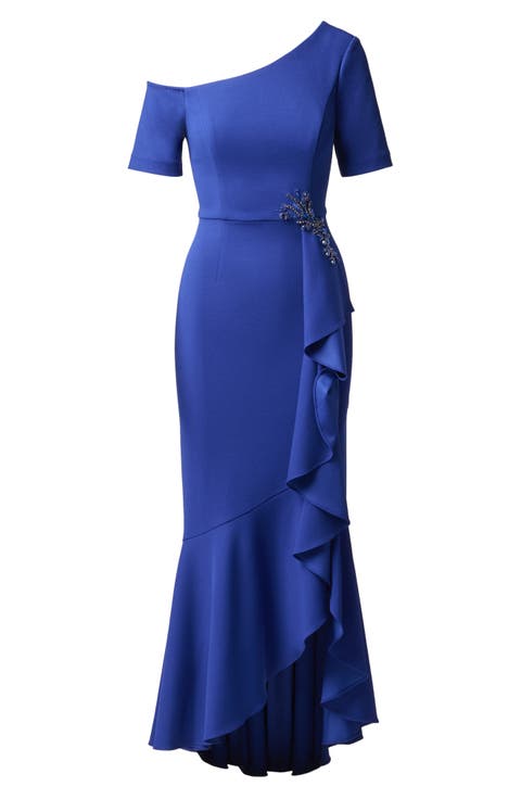 Asymmetrical Beaded Crepe Gown