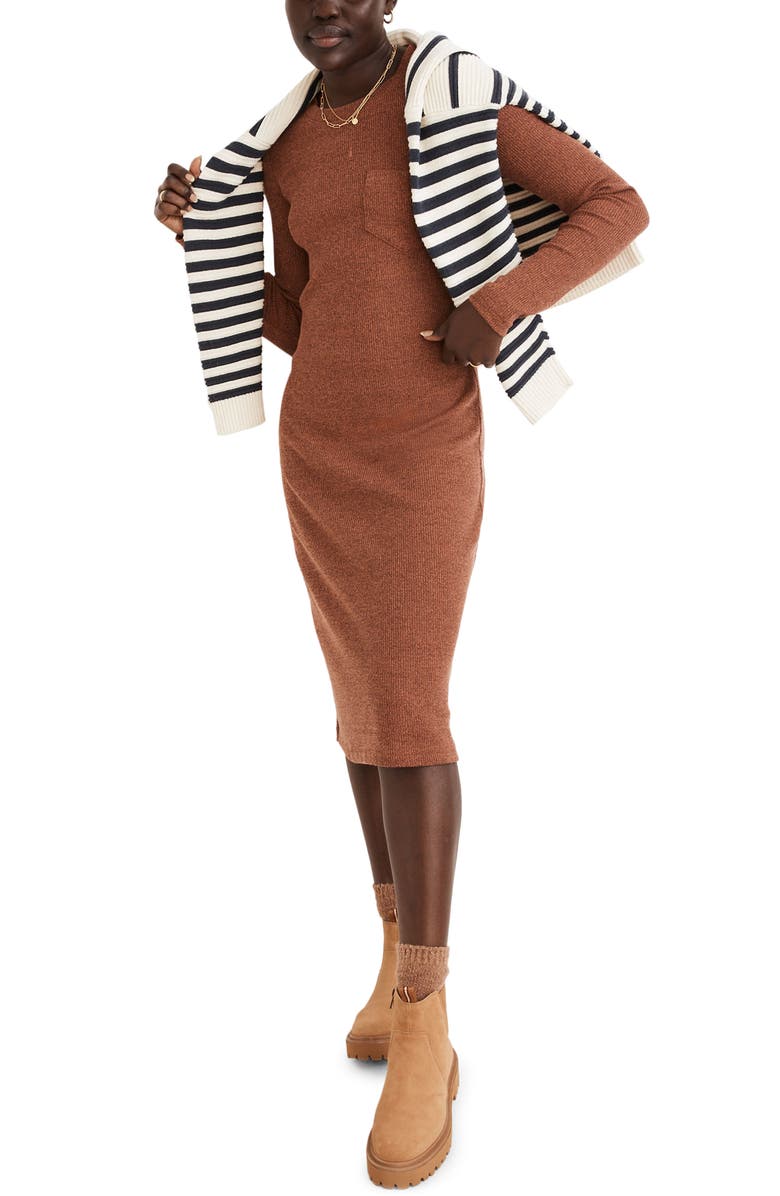 Madewell Long Sleeve Pocket Tee Dress, Main, color, Heather Warm Umber