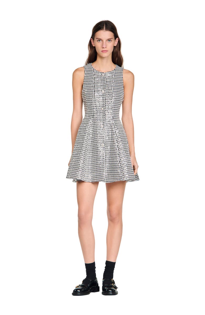 SANDRO Tweed and sequin short dress, Alternate, color, Black / White