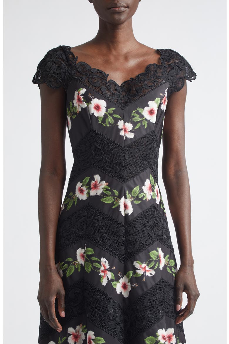 Chiné Hibiscus Stripe Faille Midi Dress, Alternate, color, BLACK