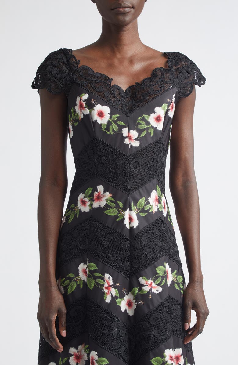 Oscar de la Renta Chiné Hibiscus Stripe Faille Midi Dress, Alternate, color, Black