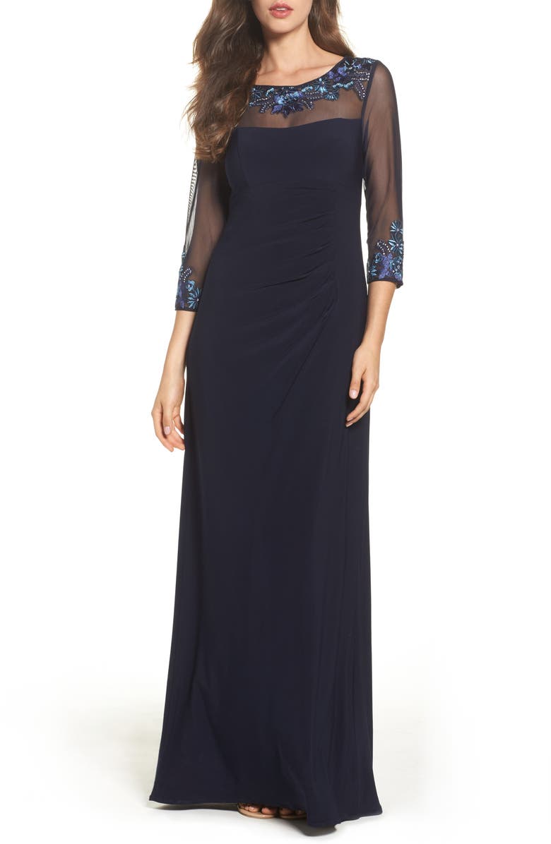 Alex Evenings Embellished Ruched Empire Waist Gown, Main, color,