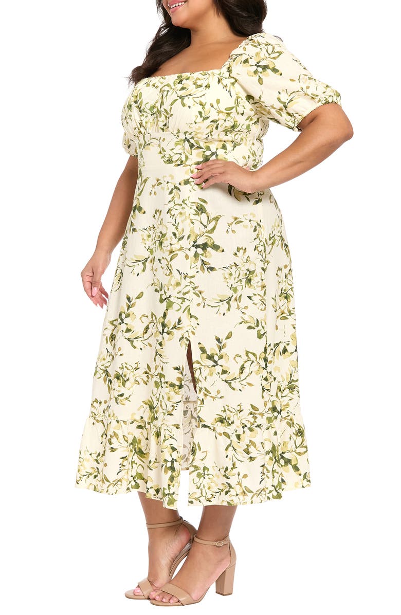 London Times Floral Puff Sleeve Empire Waist Linen Blend Dress, Alternate, color, Ivory/ Deep Olive