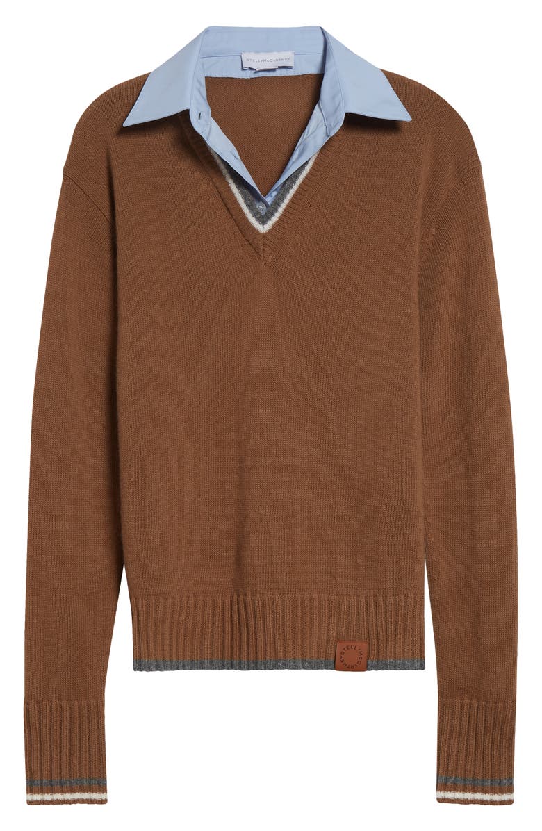Stella McCartney Hybrid Knit Virgin Wool & Cotton Shirting Sweater, Alternate, color, Caramel