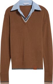 Stella McCartney Hybrid Knit Virgin Wool & Cotton Shirting Sweater