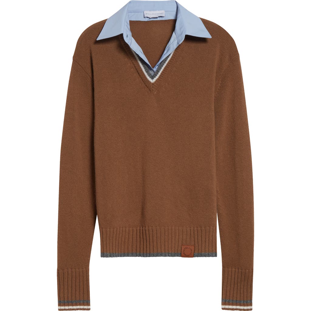 Stella Mccartney Hybrid Knit Virgin Wool & Cotton Shirting Sweater In Brown