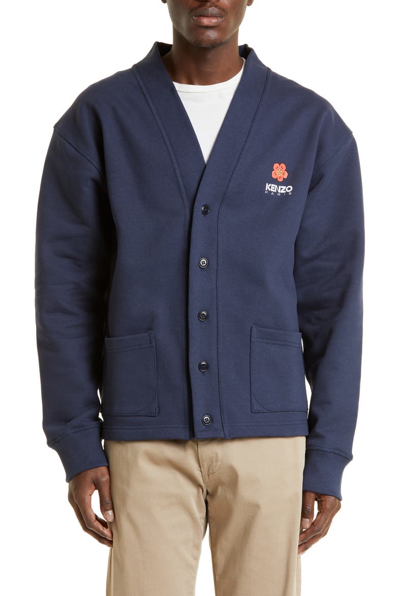 Boke Flower Graphic Fleece Cardigan, Main, color, 77 - MIDNIGHT BLUE