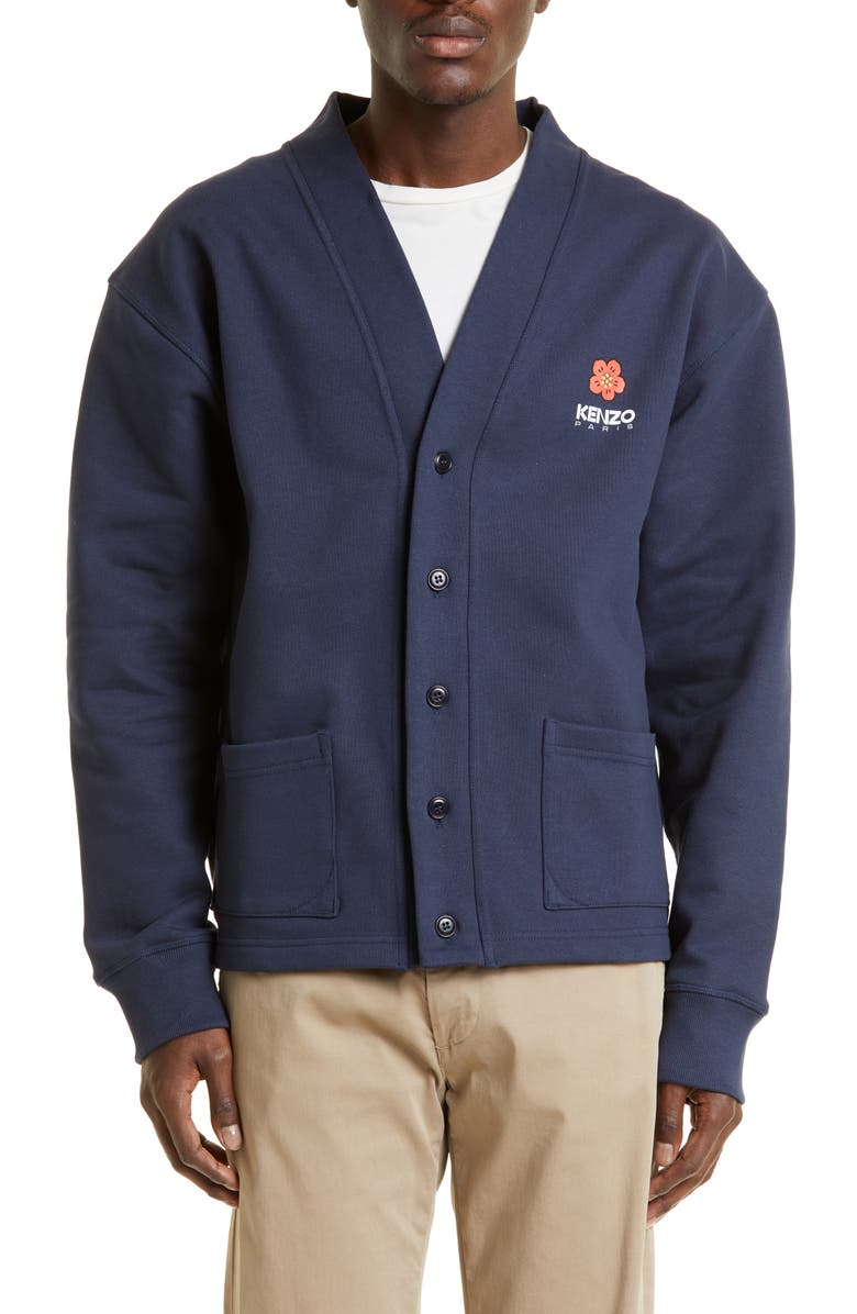 KENZO Boke Flower Graphic Fleece Cardigan, Main, color, 77 - Midnight Blue
