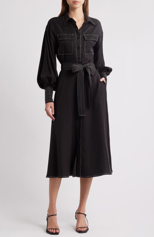 CIEBON CIEBON JANIE TOPSTITCH TIE WAIST LONG SLEEVE MIDI DRESS