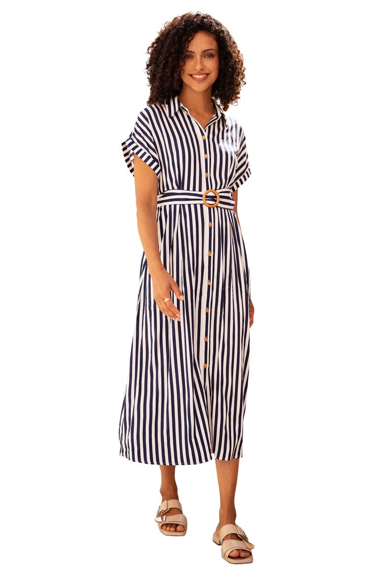 Stripe Print Belted Midi Shirt Dress, Main, color, Navy