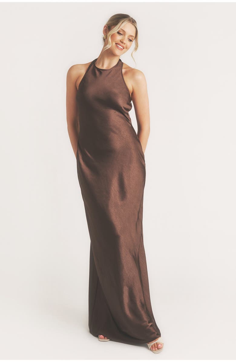 Six Stories Racer Neck Satin Bridesmaid Dress, Main, color, Chocolate