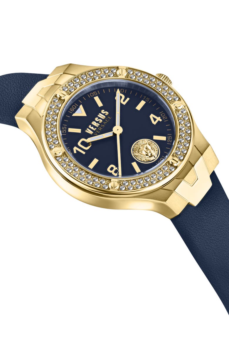 VERSUS Versace Vittoria Crystal Leather Strap Watch, 38mm, Alternate, color, Ip Yellow Gold/ Navy
