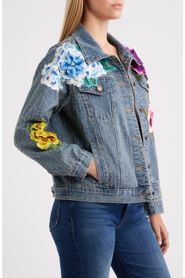 Blossom Embroidered Floral Appliqué Denim Trucker Jacket, Alternate, color, DARK BLUE