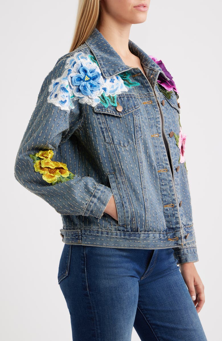 NIKKI LUND Blossom Embroidered Floral Appliqué Denim Trucker Jacket, Alternate, color, Dark Blue