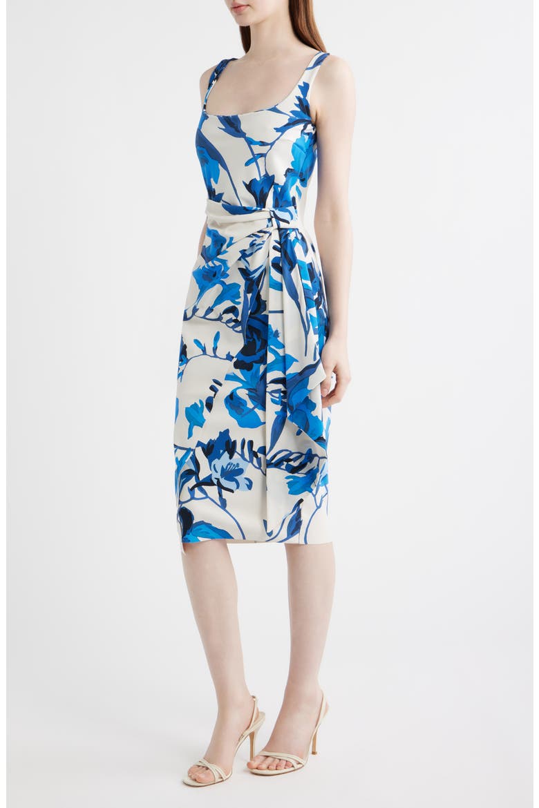 Floral Ruffle Detail Cocktail Sheath Dress, Alternate, color, CAROLE BLUE