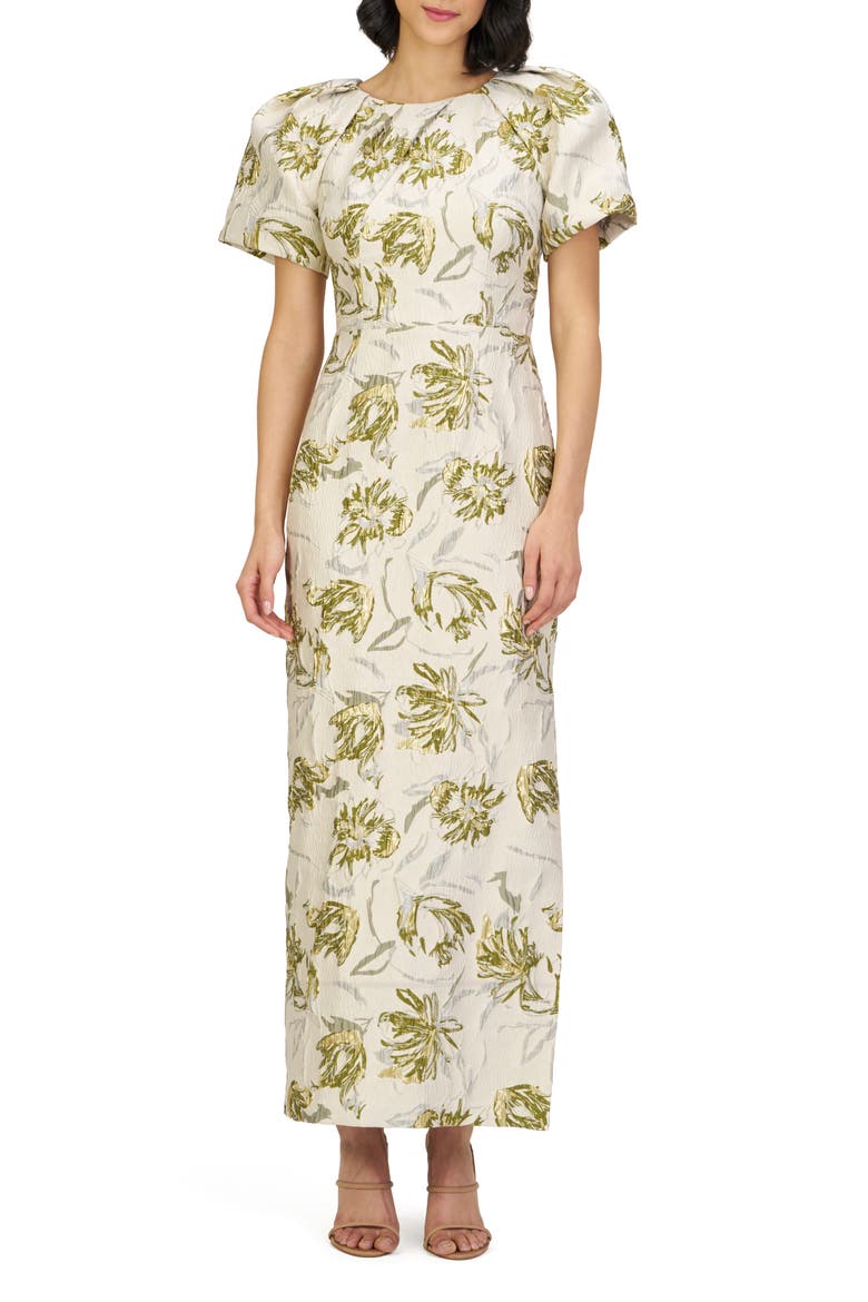 Penny Metallic Floral Jacquard Sheath Gown, Main, color, GREEN/ EGRET