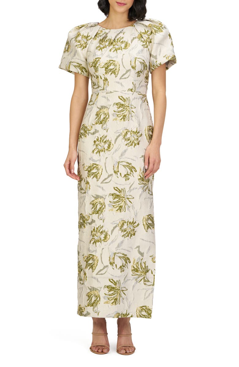 JS Collections Penny Metallic Floral Jacquard Sheath Gown, Main, color, Green/ Egret