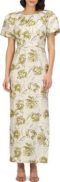 JS Collections Penny Metallic Floral Jacquard Sheath Gown