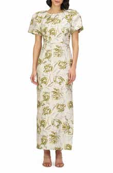 Penny Metallic Floral Jacquard Sheath Gown