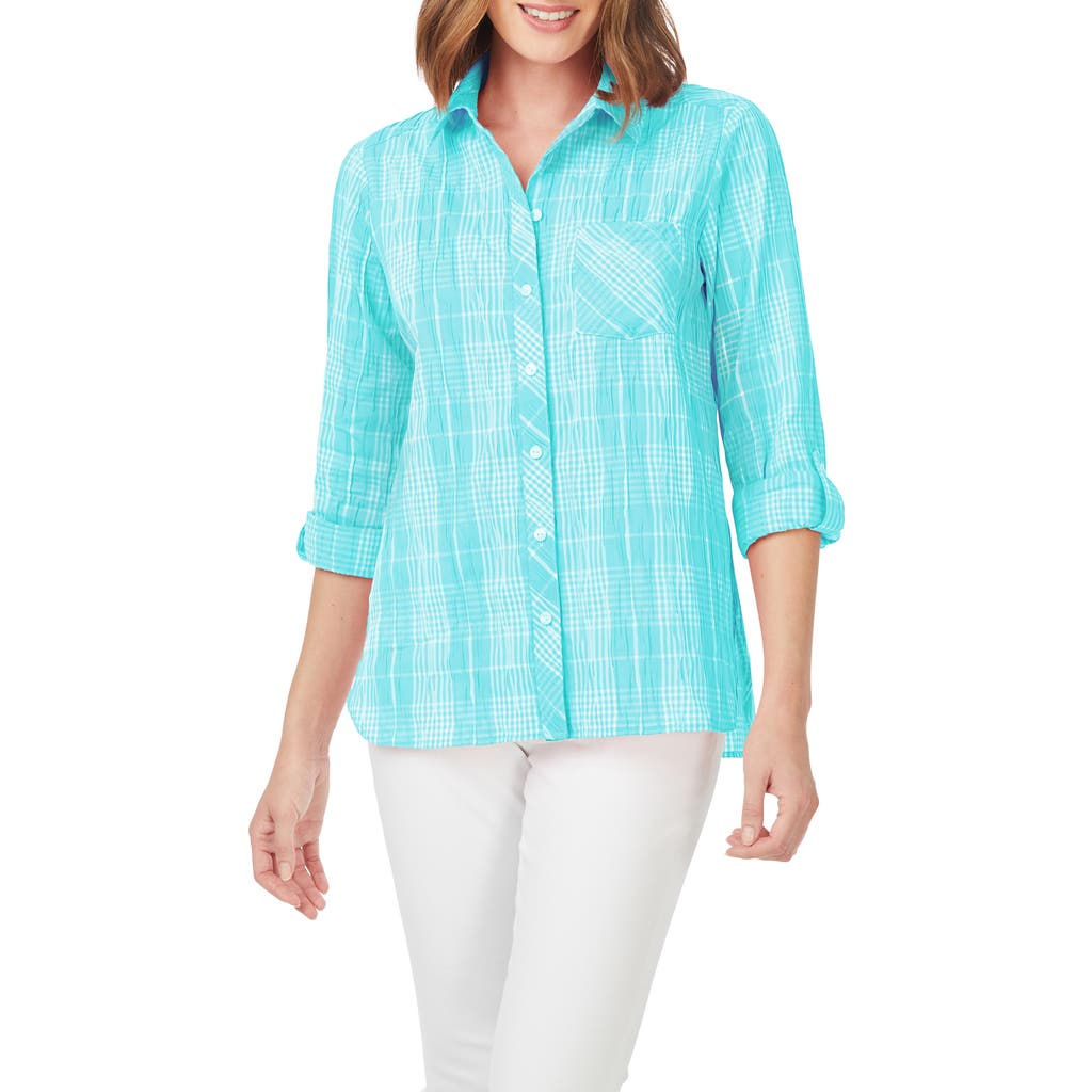 Foxcroft Faith Beach Plaid Button-up Tunic Shirt In Oceanside