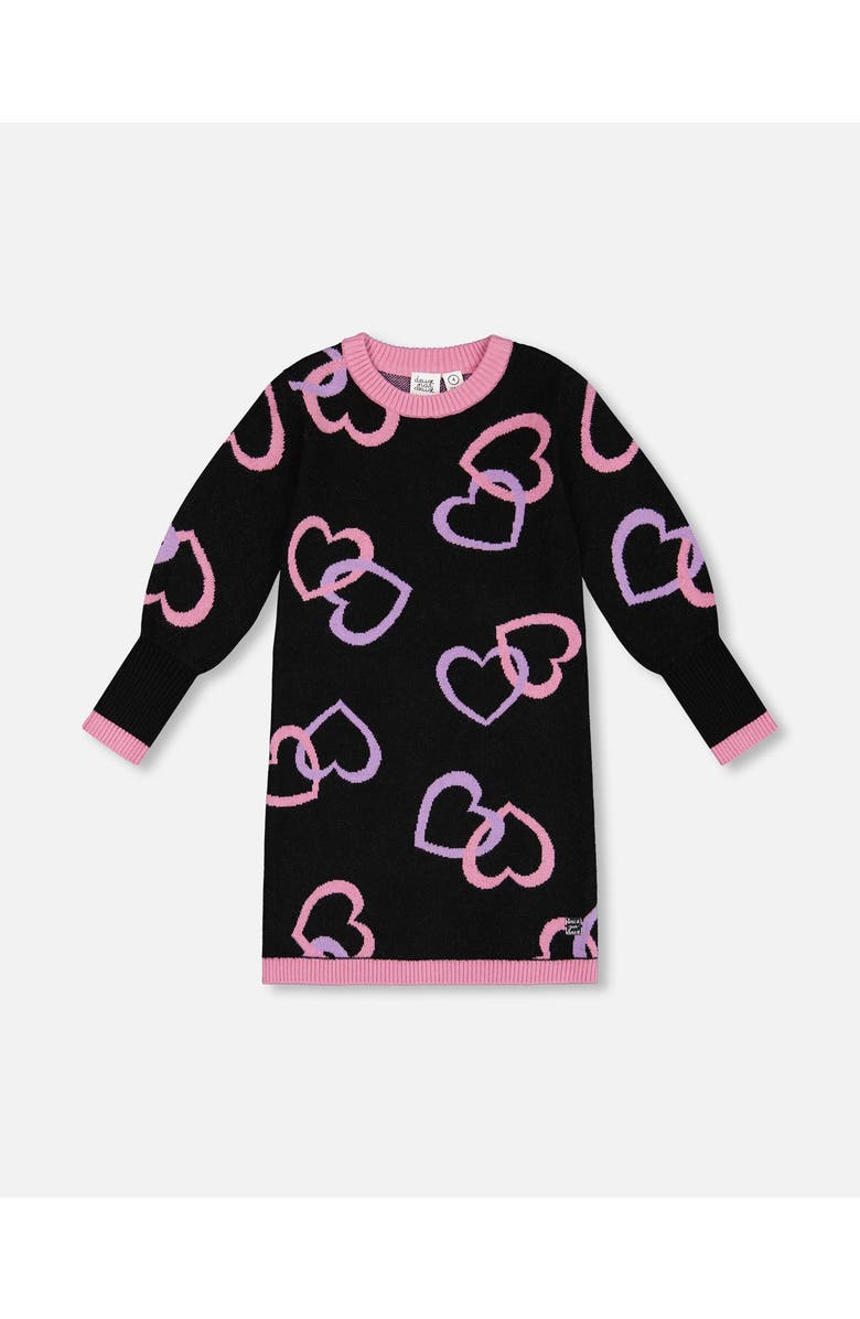 Deux par Deux Girl's Jacquard Hearts Dress Black, Main, color, 