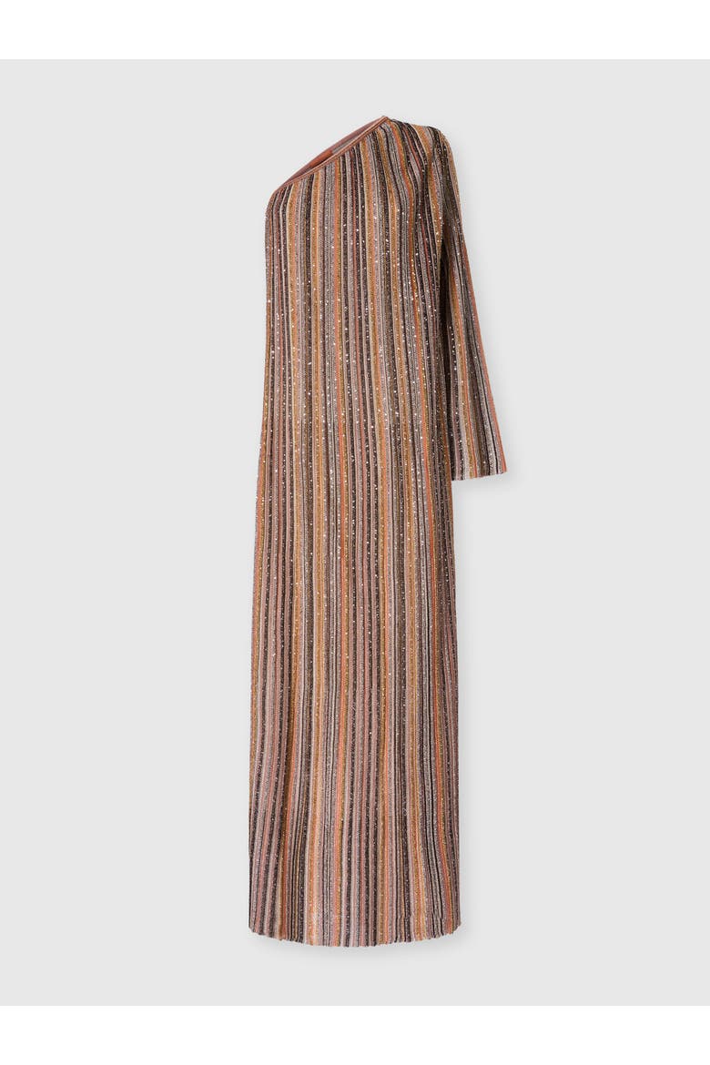 One-shoulder Long Dress In Ribbed Viscose Lamé, Alternate, color, Gold& Beige