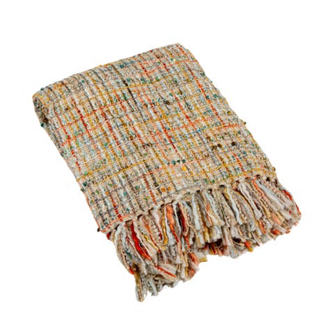 Woven Acrylic Bouclé Throw Blanket with Fringe, Multicolor