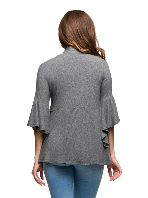 24seven Comfort Apparel Tie Front Bell Sleeve Cardigan In Gray