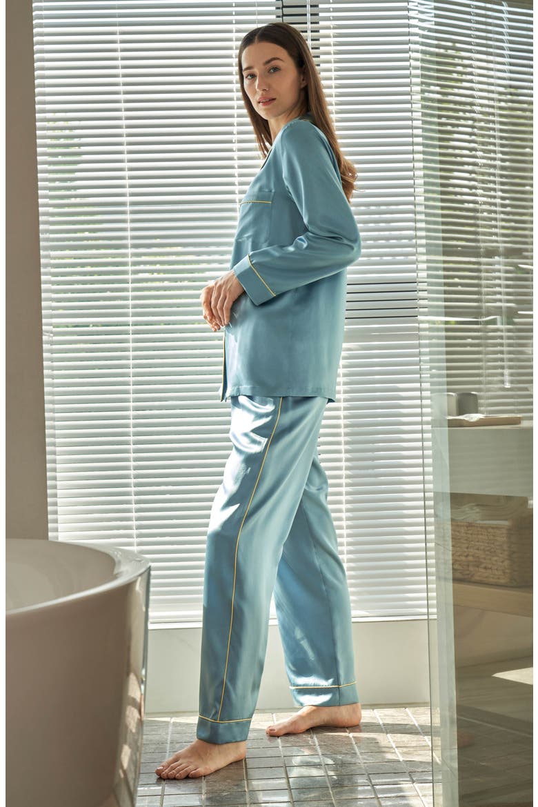 Women's Gold Piping Silk Pajamas Set, Alternate, color, Blue Haze