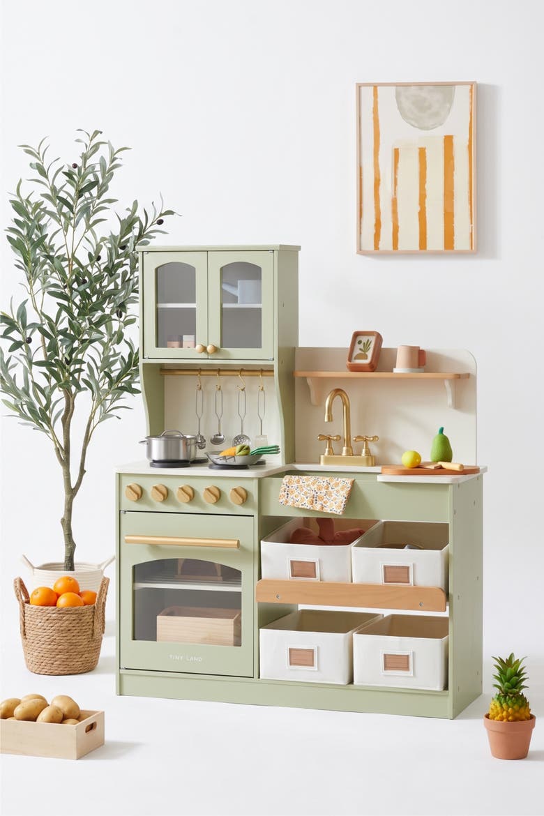 Serenity Wooden Play Kitchen Set in Green for Toddlers, Main, color, Multicolor