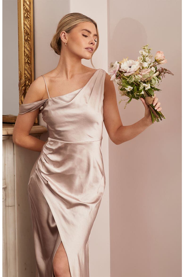 Asymmetric Bardot Satin Bridesmaid Dress, Alternate, color, Oyster