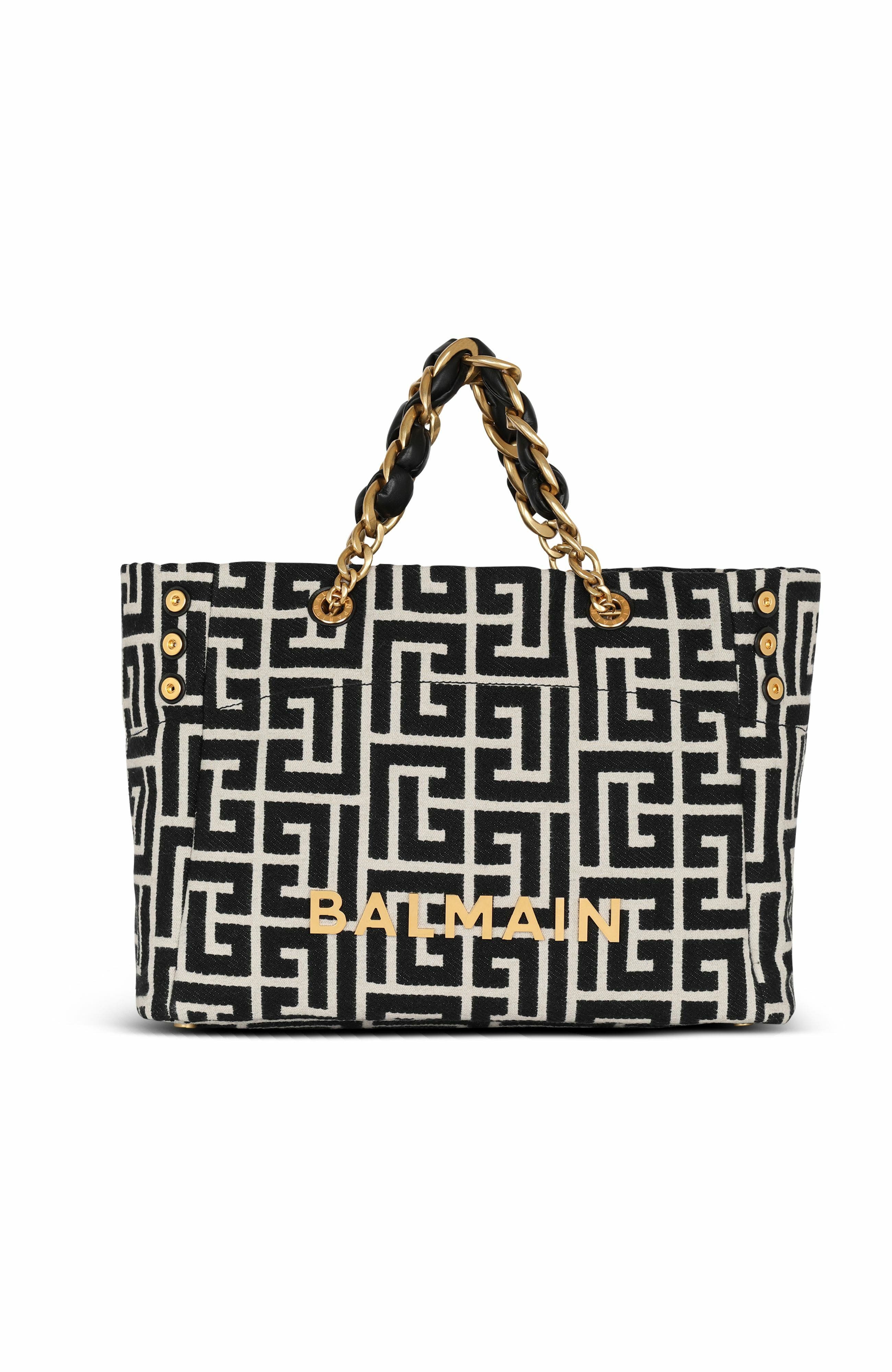Balmain 1945 Soft Pb-Monogrammed Jacquard Canvas Tote Bag, Main, color, 