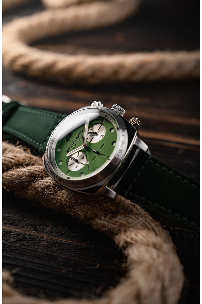 Hull Chronograph Leather Strap Watch, 42mm, Alternate, color, GREEN