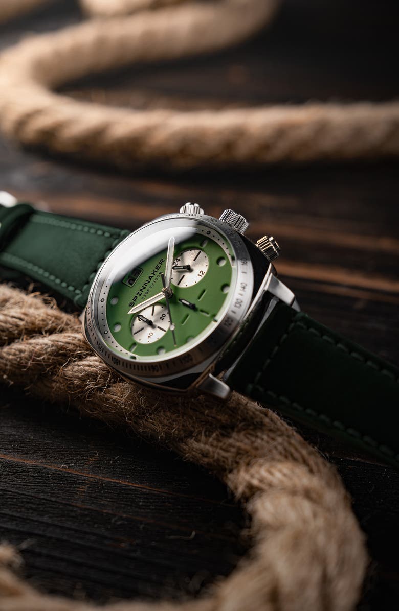 SPINNAKER Hull Chronograph Leather Strap Watch, 42mm, Alternate, color, Green