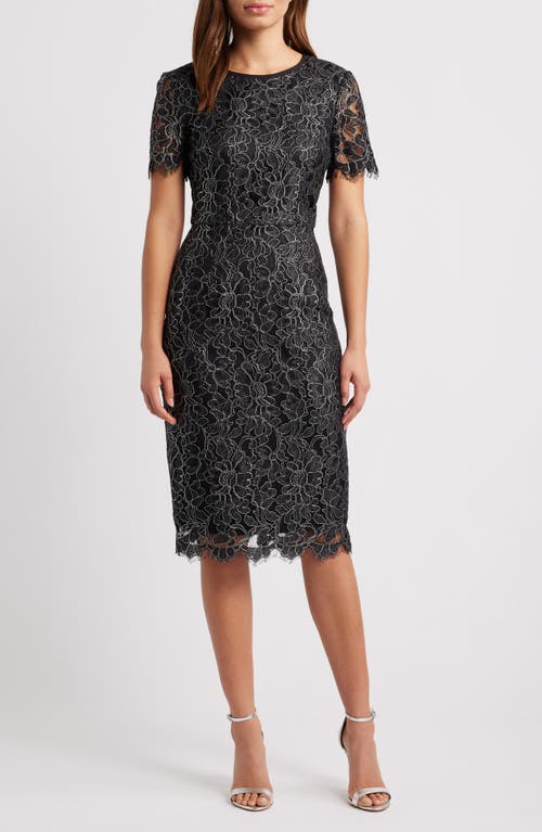 Eliza J Floral Lace Sheath Dress in Silver/Black 