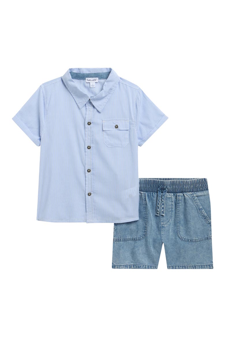 Kids' Beach Short Sleeve Button-Up Shirt & Chambray Shorts Set, Main, color, NAVY STRIPE
