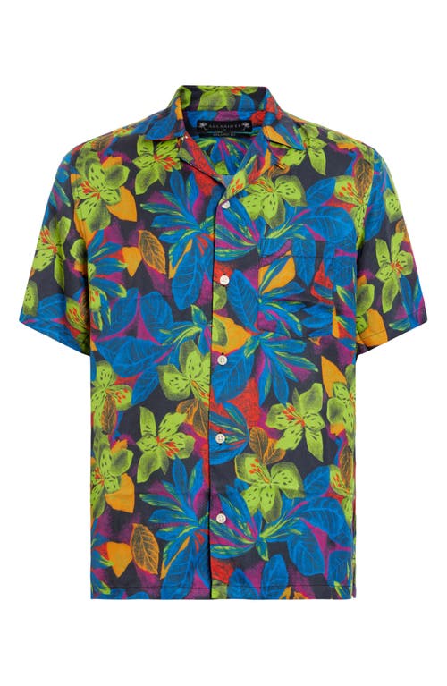 Allsaints Goldfarb Floral Print Relaxed Fit Shirt In Jet Black