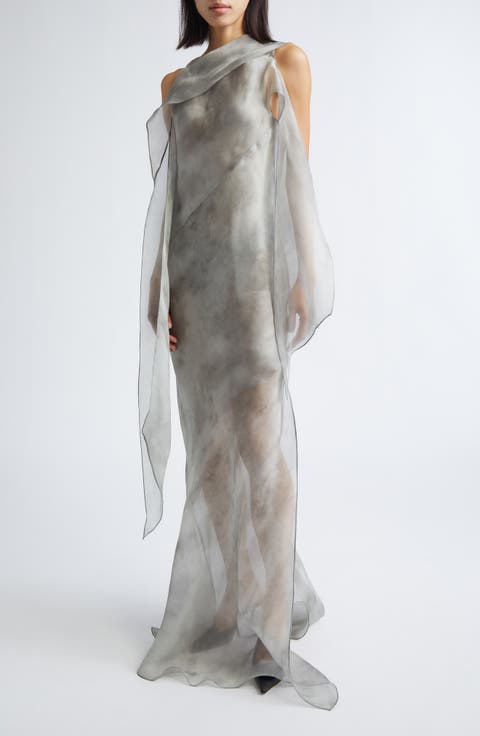 Bias Cut Silk Chiffon Scarf Gown
