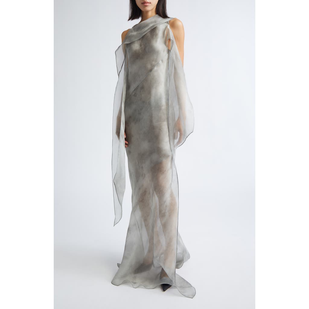 GRACE LING Bias Cut Silk Chiffon Scarf Gown in Fog Grey  product