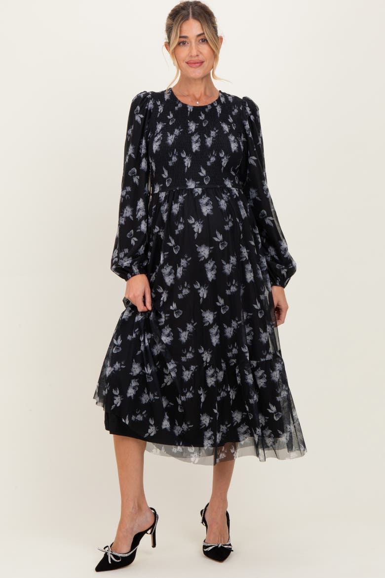 Floral Mesh Smocked Midi Dress, Alternate, color, Black