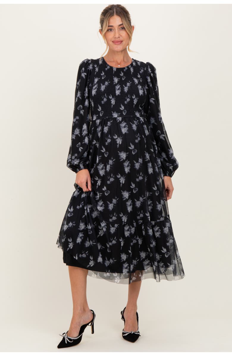 PinkBlush Floral Mesh Smocked Midi Dress, Alternate, color, Black