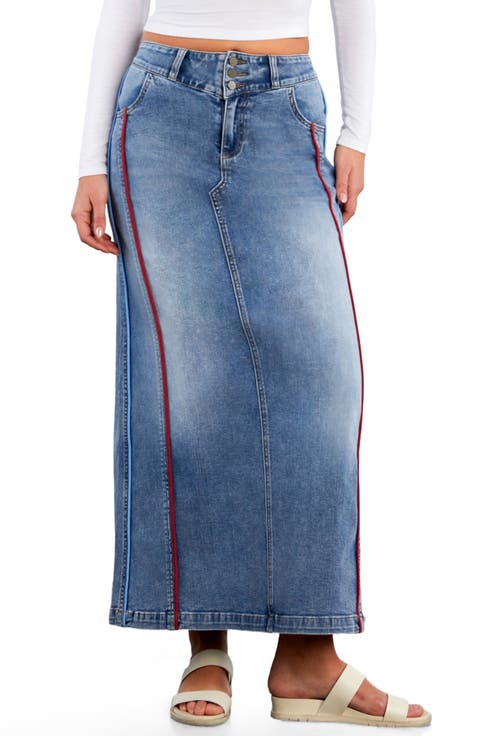 Side Piping Denim Maxi Skirt