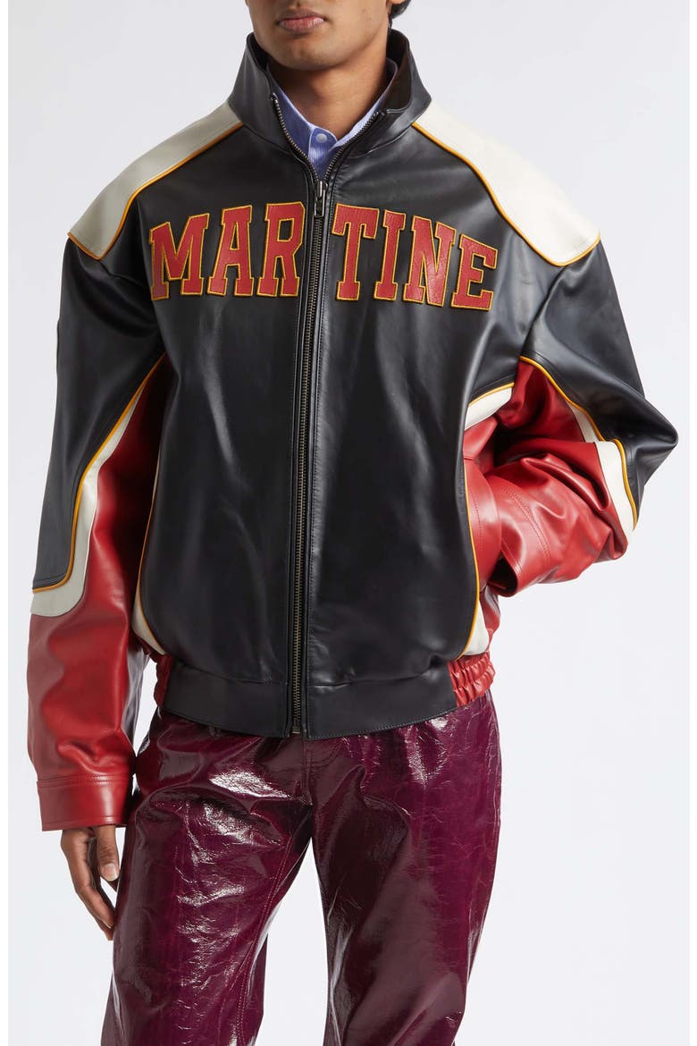 Bowl Game Oversize Colorblock Leather Jacket, Main, color, BLACK RED
