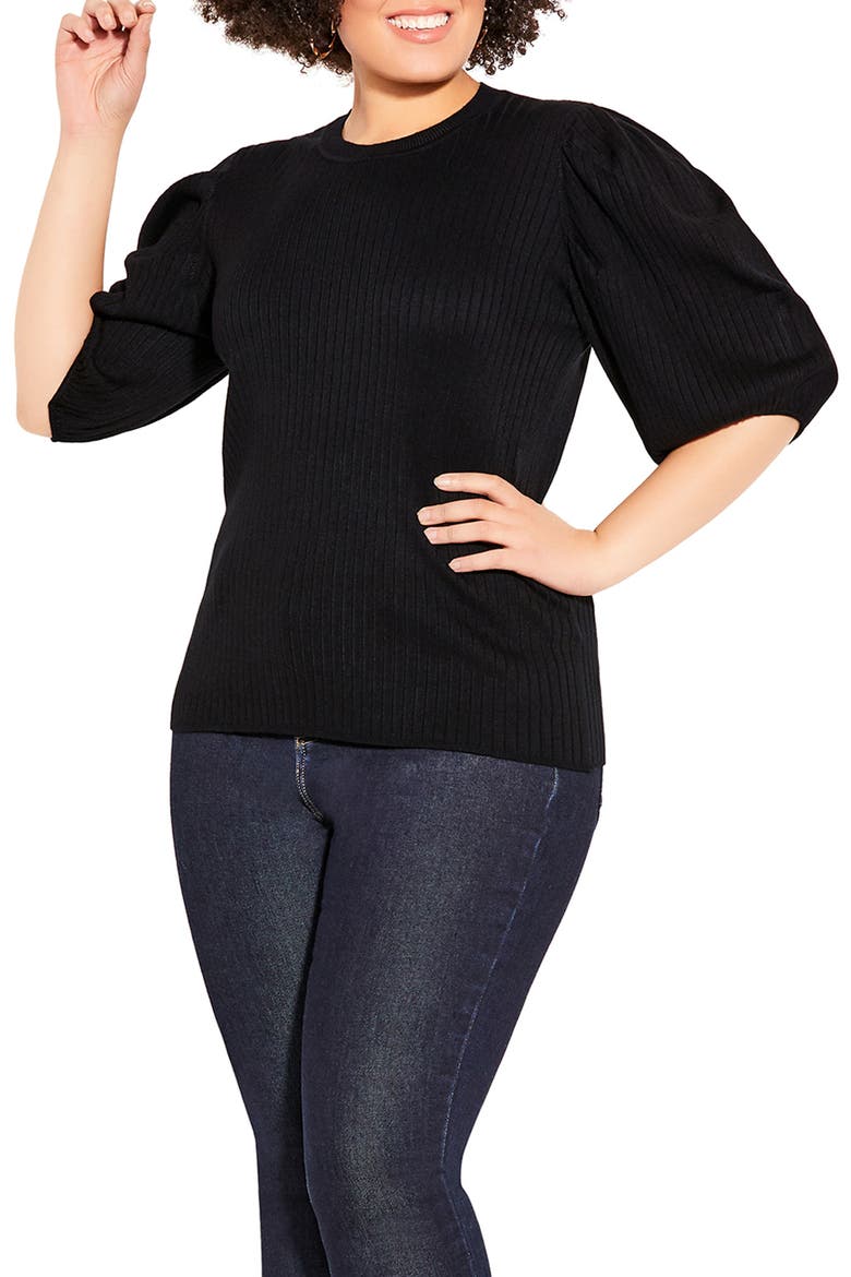 Sweet Rib Puff Sleeve Top, Main, color, BLACK