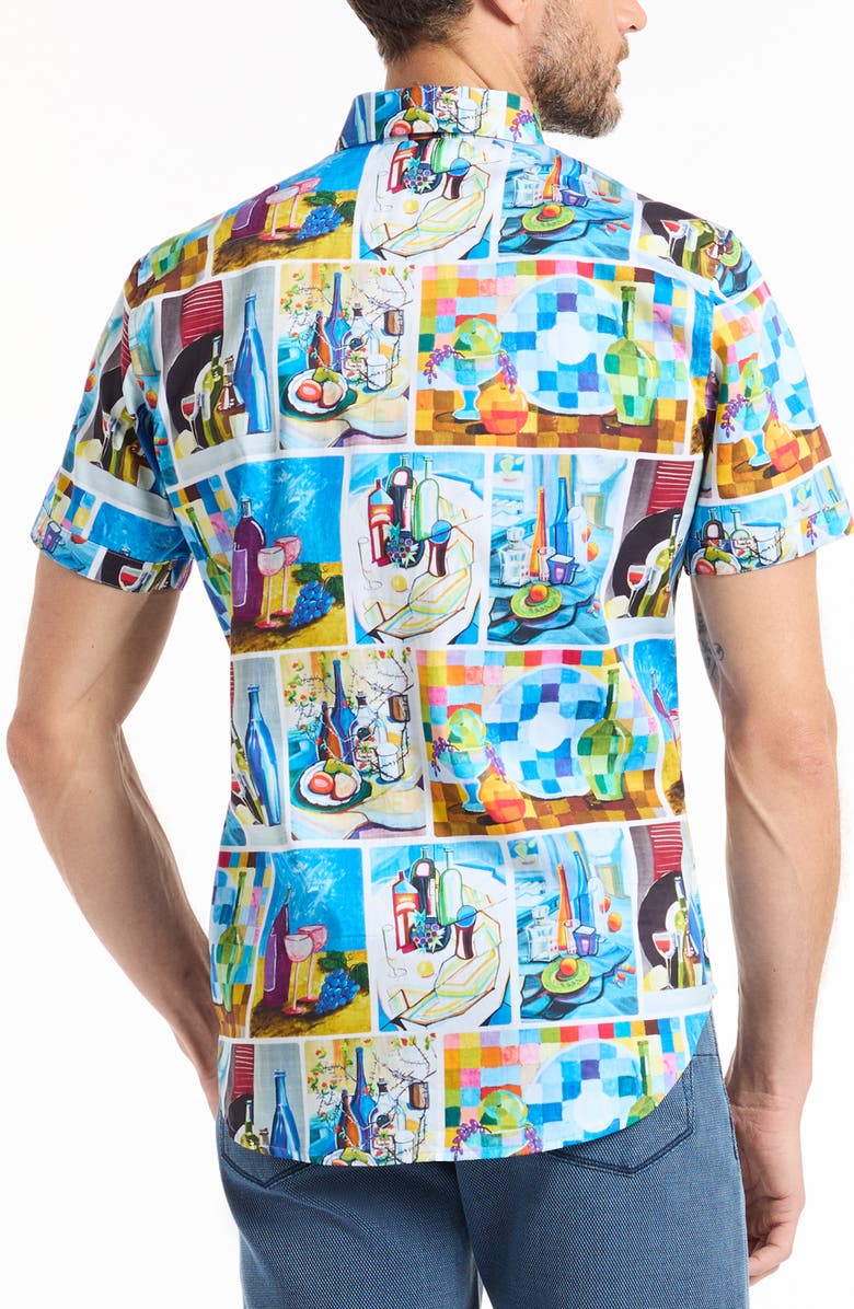 Robert Graham Wine & Dine Short Sleeve Cotton Button-Up Shirt, Alternate, color, White/ Blue Multi