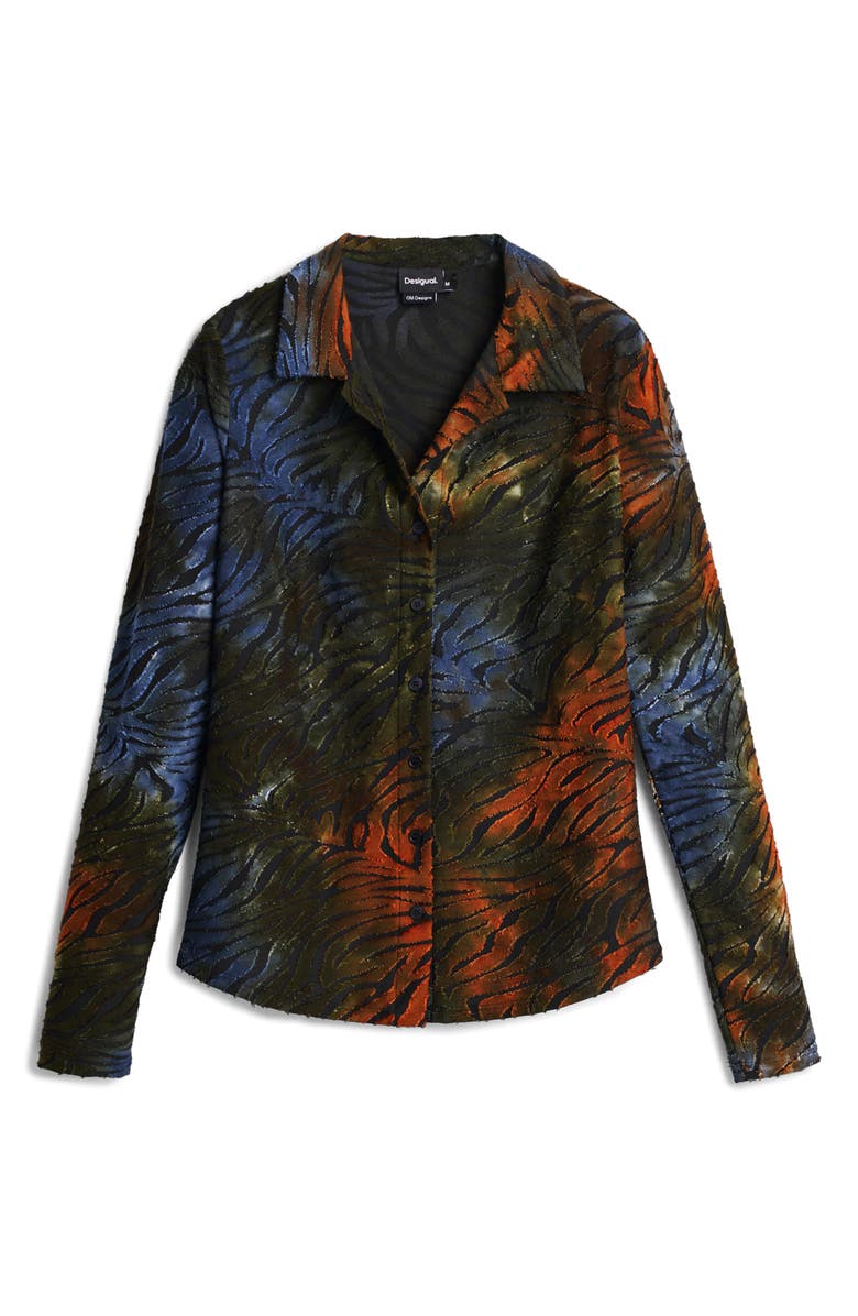 Desigual Abstract Stripe Metallic Long Sleeve Button-Up Shirt, Alternate, color, Green